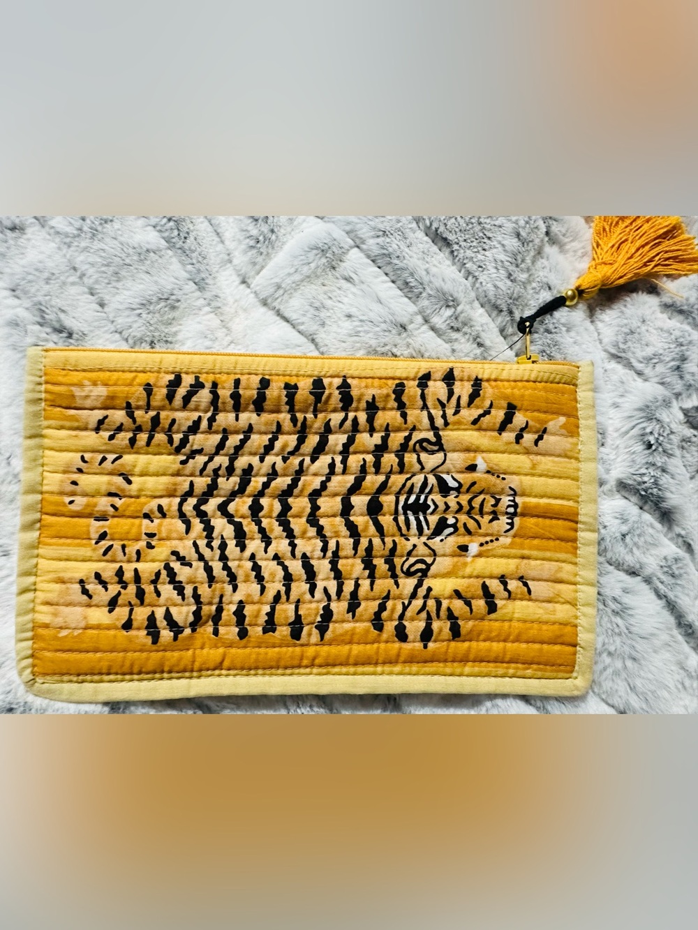 Handcrafted Yellow Quilted Tiger Clutch with Tassel
